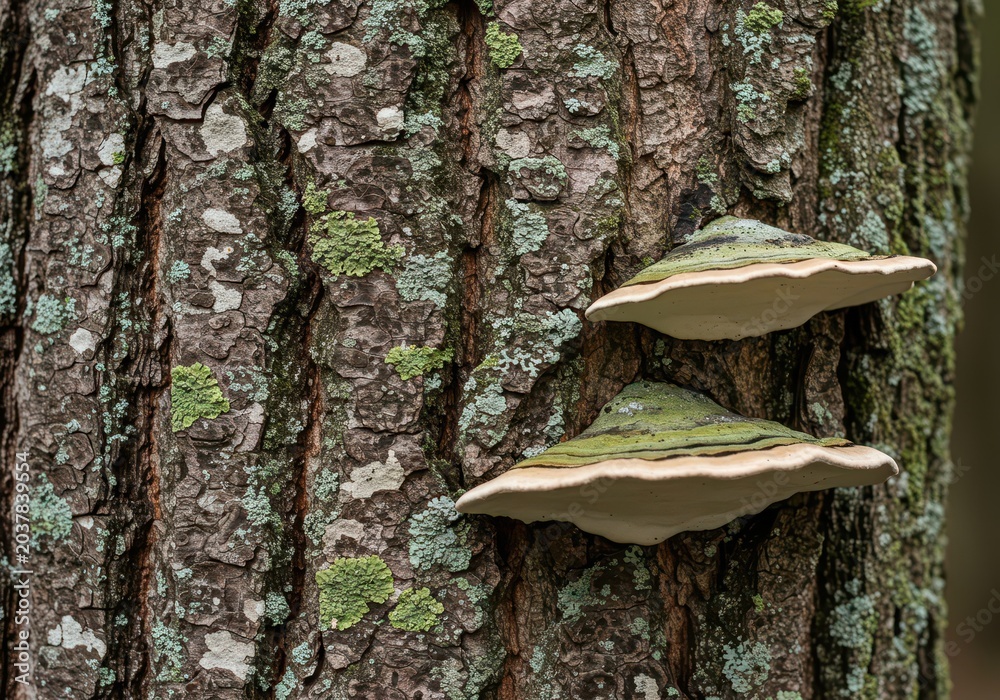 Fototapeta premium Rough, deeply furrowed texture of aged tree bark covered in pale green and white lichen and soft shelf fungi, showing decay and natural forest growth, material, pale, decaying
