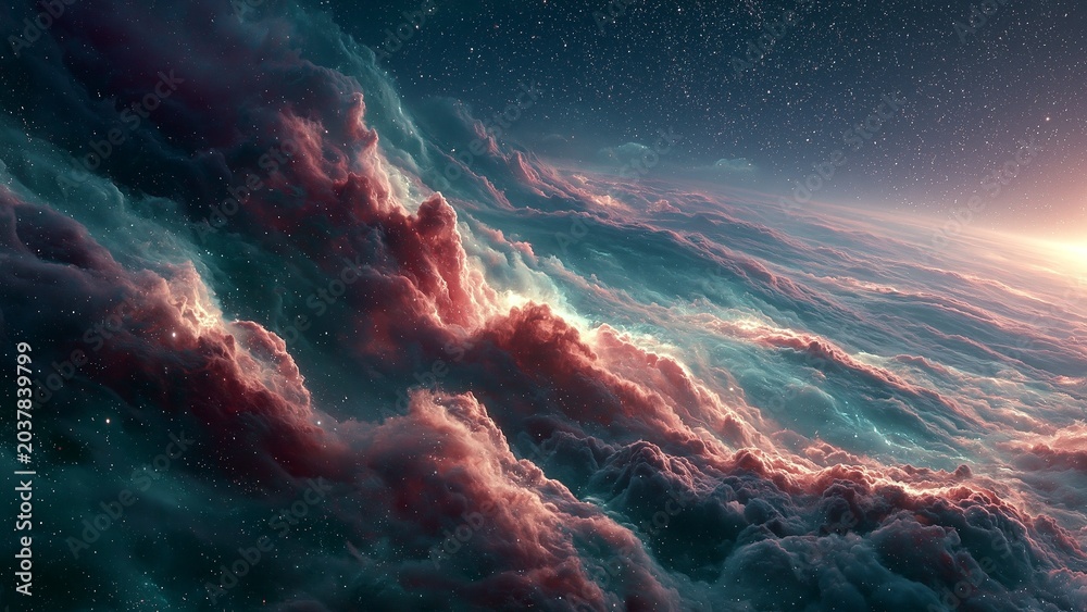 Fototapeta premium Cosmic Nebula Cloudscape Deep Space Teal Rose Galaxy