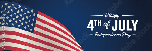 American Flag Waving on Independence Day with Happy 4th of July Text on Blue Background