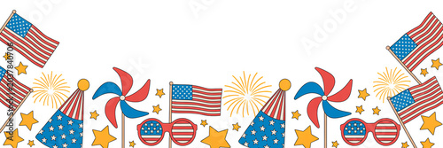 USA Independence Day Celebration Border with American Flags, Pinwheels, and Fireworks