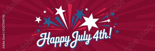 Vibrant Fourth of July Celebration Graphic with Stars and Fireworks on Red Background