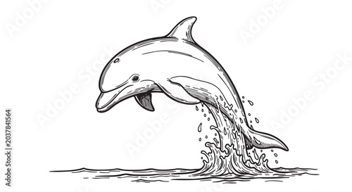 Foto Dolphin jumping, aquatic mammal, black and white vector, illustration, marine li