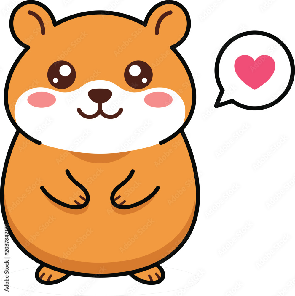 Fototapeta premium Cute hamster character vector illustration with love heart speech bubble in kawaii cartoon style isolated on white background