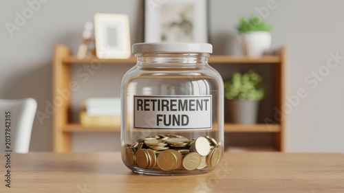 Clear Glass Jar With Retirement Fund Label And Coins On Wooden Desk