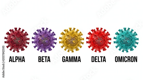 Coronavirus variants alpha beta gamma delta and omicron depicted as 3d renderings with labels