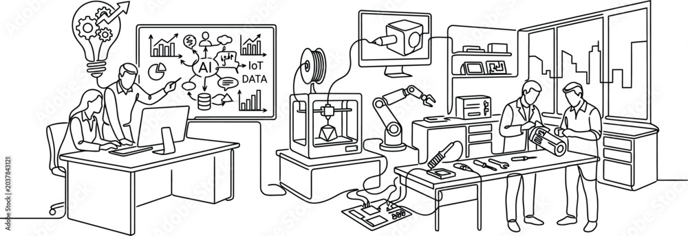 Obraz premium Innovation Lab: Teamwork, 3D Printing, Robotics, and Brainstorming Ideas