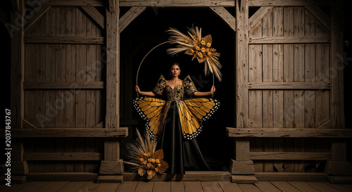 Woman in butterflyinspired gown with golden accents.