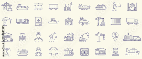 Marine port icon set. marine port, harbor, cargo, shipping, container, and logistics icons. Editable stroke.