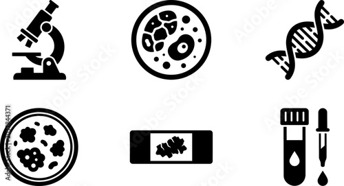 Microbiology and scientific laboratory silhouette icons