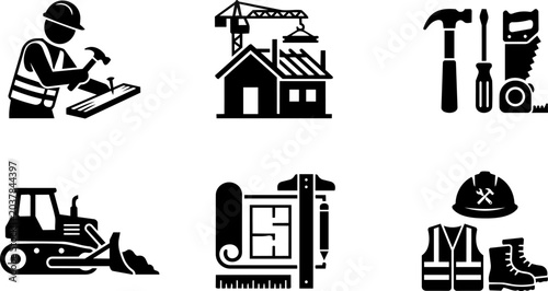 Construction and engineering silhouette icon set