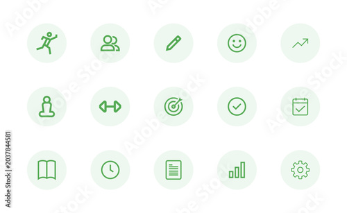 15 Green Wellness and Productivity Line Icons Set. Minimal Lifestyle Collection