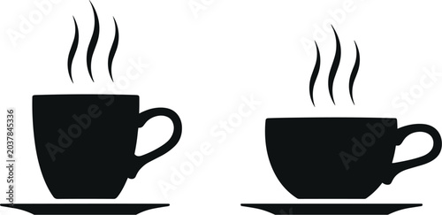 Schilderij op canvas Pair of black silhouette steaming coffee cups on saucers with wavy steam rising