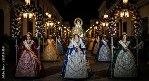 Women in traditional dresses carrying a religious statue during a night procession.