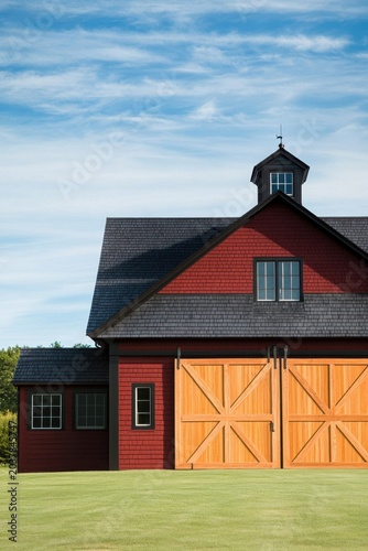 A vibrant red barn featuring rustic wooden doors is prominently situated in a lush green field, bathed in daylight under a bright blue sky adorned with fluffy clouds.