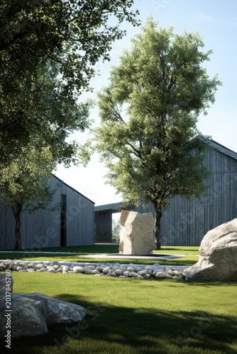A picturesque scene unfolds, showcasing a stunning natural landscape filled with charming wooden buildings, towering trees, and rugged rocks, all set in a lush green field.
