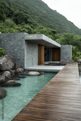Modern house located by a body of water with a wooden walkway surrounded by greenery and mountains during an overcast day