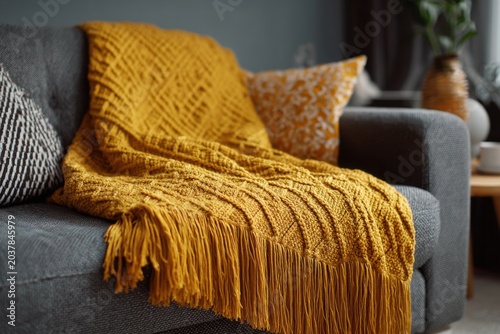 A cozy yellow blanket is elegantly draped over the soft gray couch in the living room, accompanied by a plush pillow and a vibrant plant, illuminated by the warm afternoon light.