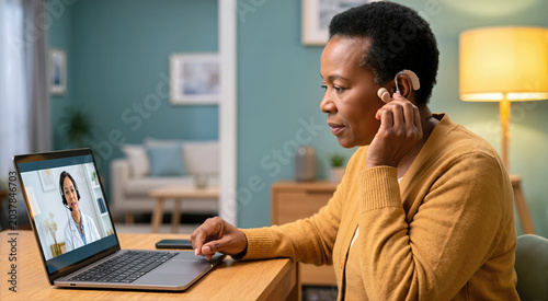Black senior woman adjusting hearing aid during telehealth call on laptop. Elderly female in mustard cardigan having remote medical consultation. Hearing health and telemedicine concept