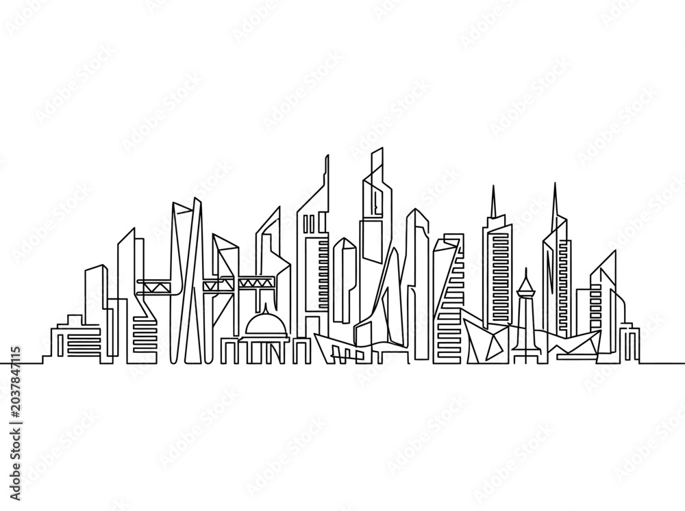 Obraz premium Continuous single line drawing of modern city skyline with skyscrapers.