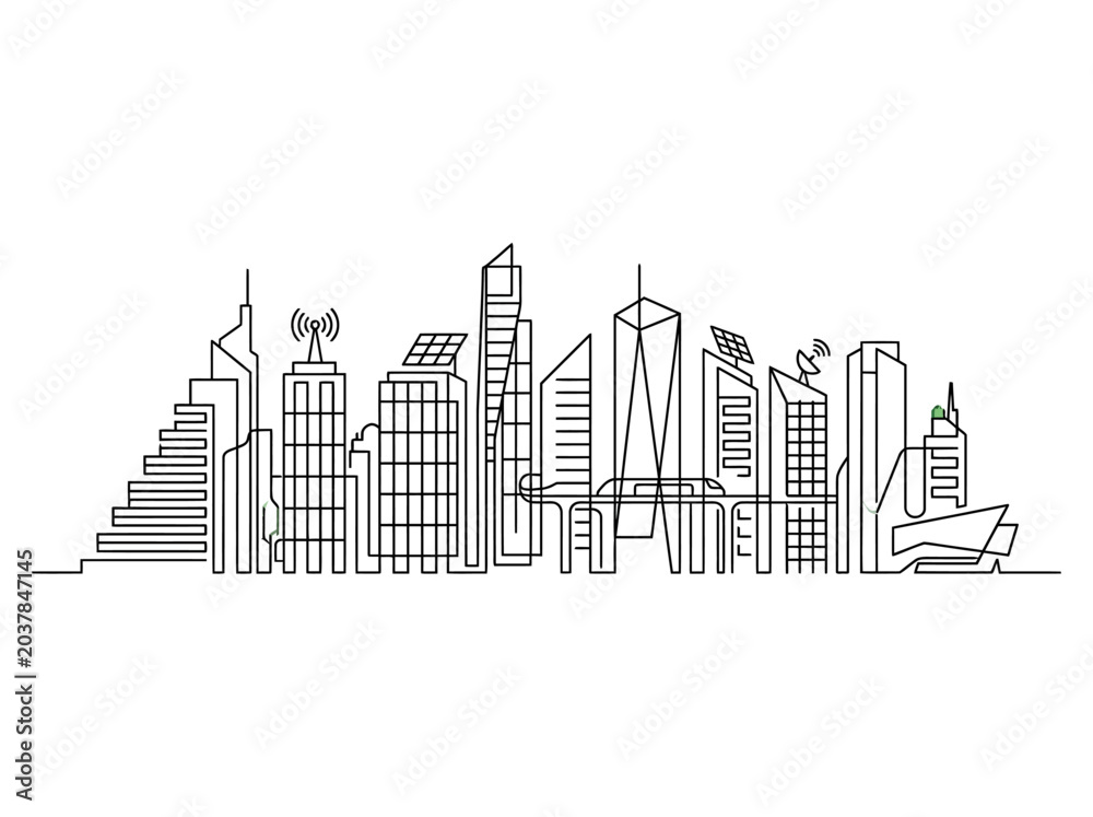 Obraz premium Continuous single line drawing of modern city skyline with skyscrapers.