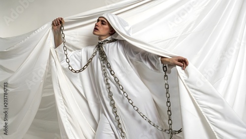 Woman in white robe with chains, dramatic pose