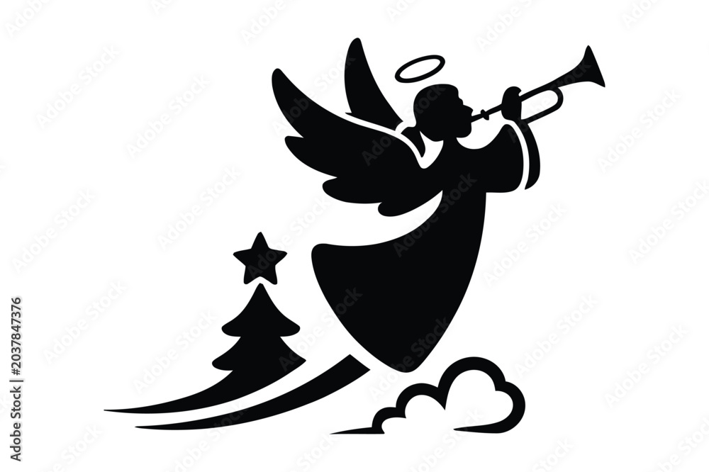 Obraz premium Christmas angel blowing trumpet silhouette with star and cloud design, christmas