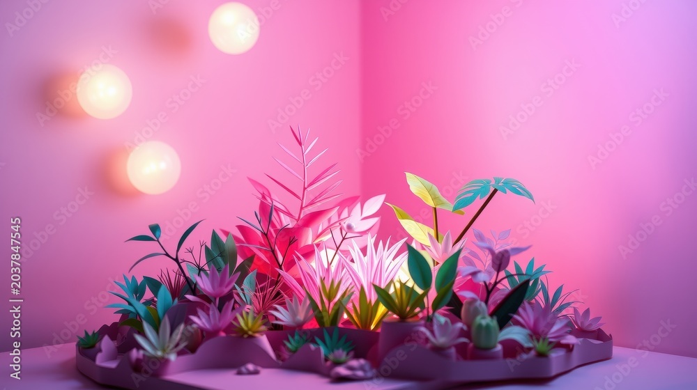 Obraz premium Vibrant papercraft island scene. Lush foliage, glowing lights, pink backdrop create surreal atmosphere. Detailed miniature landscape.
