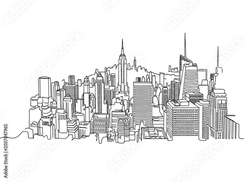 Continuous line drawing of a New York City skyline cityscape.