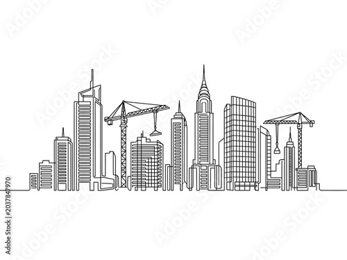 Continuous one line drawing of modern city skyline with construction cranes.