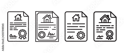 Set of Real Estate Property Ownership Certificate Icons with House Symbols in Minimalist Line Style.