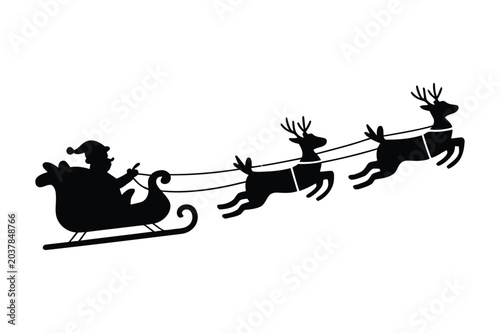 Foto Santa claus silhouette riding in a flying sleigh pulled by two reindeer with st