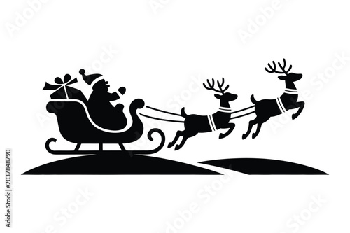 Canvastavla Santa claus in a sleigh pulled by reindeer travelling over a snowy hill with st