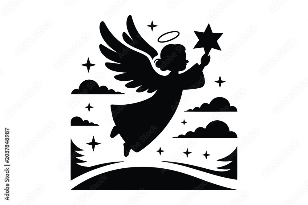 Obraz premium Christmas angel silhouette with star and halo flying over clouds and starfield