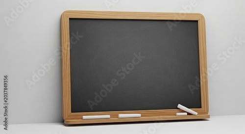 Blank black chalkboard with wooden frame against wall.