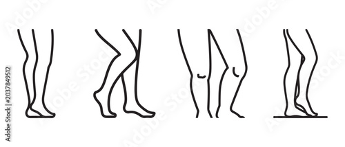 Set of minimalist line art icons depicting human legs and feet in various walking and standing poses.