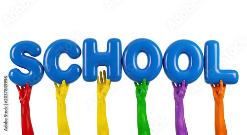 Colorful hands holding blue balloon letters spelling school.