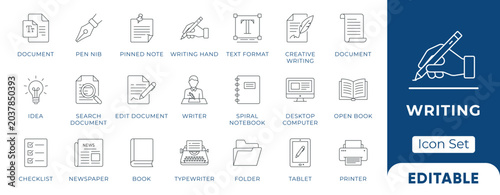 Writing line icon set - featuring copywriting, author, pen, notebook, and editing. Professional editable vector illustration for notes app and UI UX design.