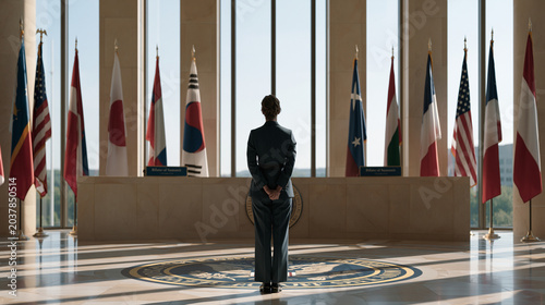 State department protocol officer arranging national flag placements in marble-floored atrium before arriving foreign delegation, bilateral summit name placards positioned on reception podium with e
