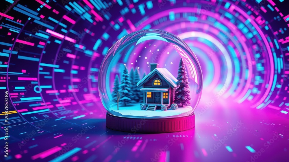 Naklejka premium Snow globe displays cozy cabin scene. Vibrant neon lights create futuristic tunnel effect. Winter landscape within glass sphere.