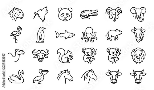 Canvas Print Simple Animal Outline Icon Collection with Wild and Sea Animal Vector Set