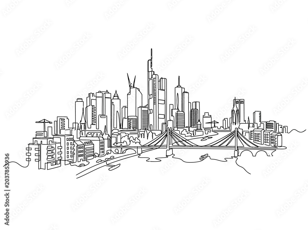 Fototapeta premium Continuous single line drawing of Frankfurt city skyline with skyscrapers and bridge.