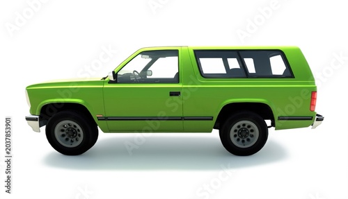 3D render of a generic vintage-style green sport utility vehicle (SUV) isolated on white background. Unbranded full-size 4x4 passenger car with rear spare tire shown from various perspectives.