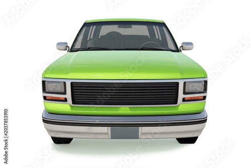3D render of a generic vintage-style green sport utility vehicle (SUV) isolated on white background. Unbranded full-size 4x4 passenger car with rear spare tire shown from various perspectives.