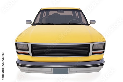 3D rendering of a generic retro yellow sport utility vehicle (SUV) on a clean white background. Unbranded classic full-size 4x4 automotive design from multiple view angles for commercial use.