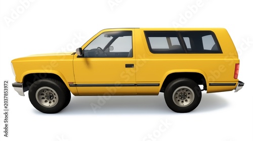 3D rendering of a generic retro yellow sport utility vehicle (SUV) on a clean white background. Unbranded classic full-size 4x4 automotive design from multiple view angles for commercial use.