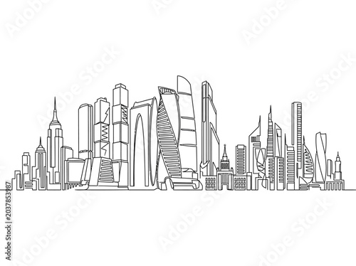 Photography Continuous line drawing of the Moscow City skyline panorama.
