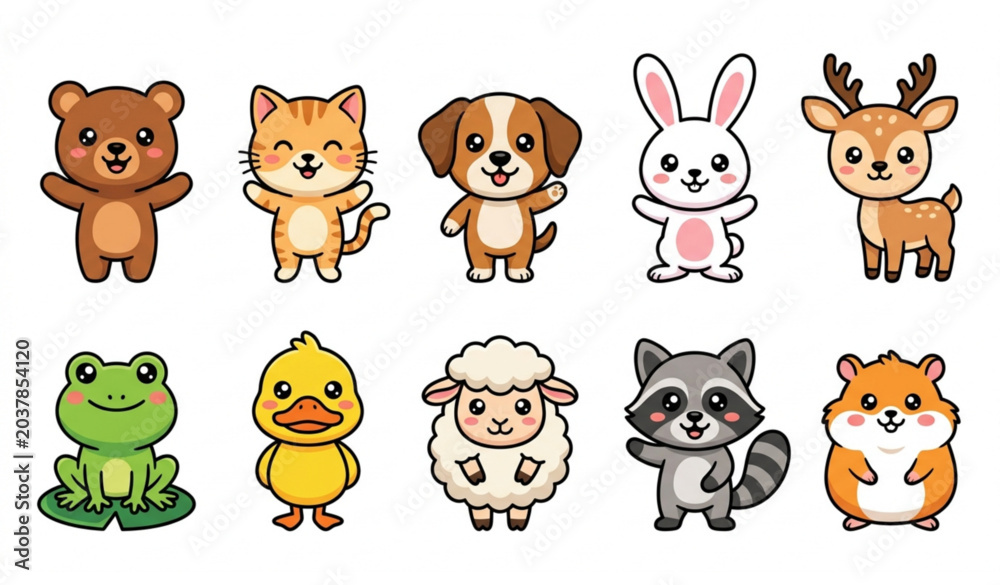 Fototapeta premium Cute Cartoon Animal Character Collection Kids Animal Vector Set