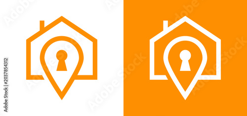 Minimalist real estate icon featuring a house outline combined with a location pin and keyhole symbol location property minimalist navigation security illustration building residential