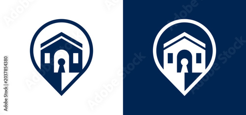Real estate property pin logo with house and keyhole for secure home listing apps location property security residential navigation building minimalist business protection isolated identity