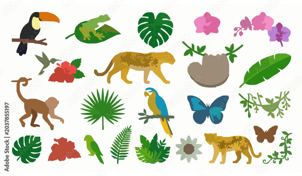 Obraz premium Colorful Jungle Animal, Tropical Leaf and Nature Cartoon Vector Collection